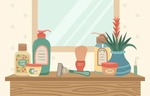 Vector illustration of cabinet with cosmetics for face and body care. Home co Stock-Illustration