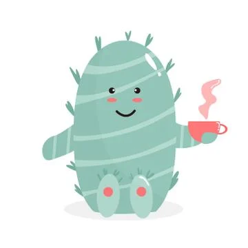 Vector illustration of cactus with a cup of tea Stock Illustration