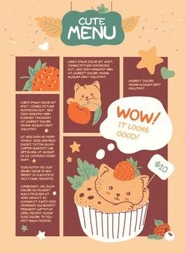Vector illustration of a cafe menu with a cute kawaii cat in a cupcake and space Stock Illustration