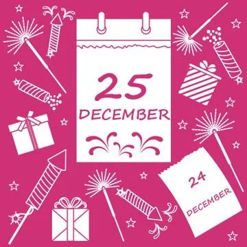 Vector illustration: calendar with christmas date page and gifts, sparklers,  Stock Illustration