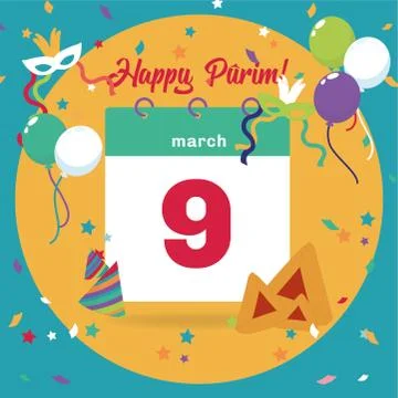 Vector illustration. Calendar with date March 9. Happy Purim. Stock Illustration