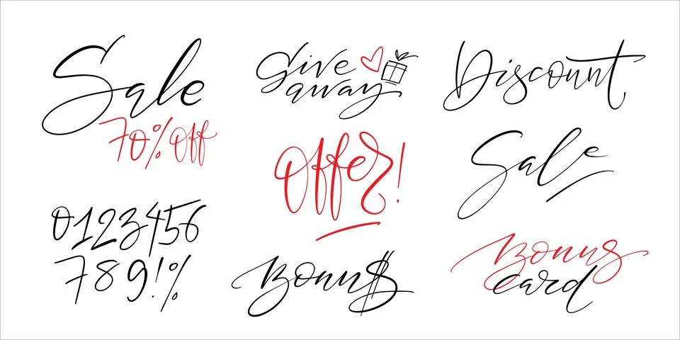 Vector illustration, calligraphic thin script words for sale, discounts, pr.. Stock Illustration