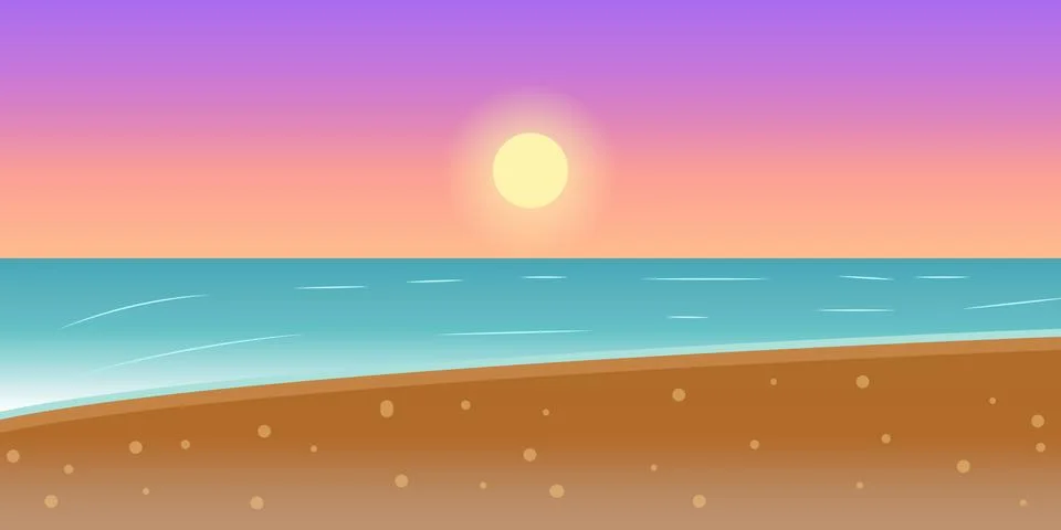 Vector illustration of a calm beach at sunset with a bright sun Stock Illustration