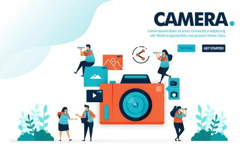 Vector illustration camera. People take picture with camera. Video and photo  Stock Illustration