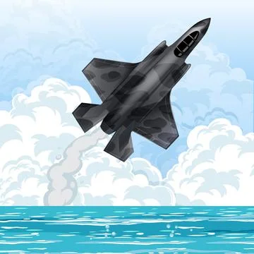 Vector illustration of a camouflaged stealth plane climbing through clouds ov Stock Illustration