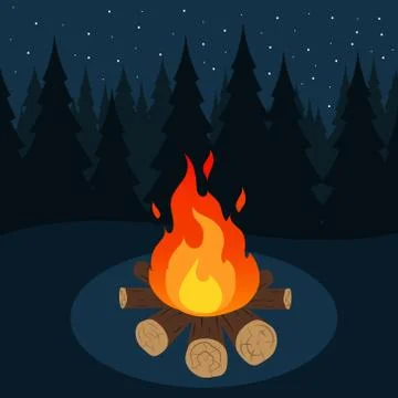 Vector illustration of camp fire in forest at night. Stock Illustration