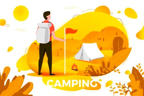 Vector illustration - camping man with backpack looking on tent Stock Illustration