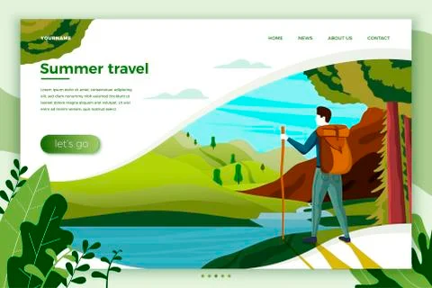 Vector illustration - camping man with mountains, river, trees on background. Stock Illustration
