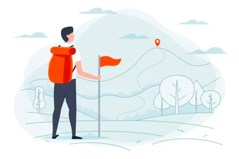 Vector illustration - camping man. Park, forest, trees, mountains Stock Illustration