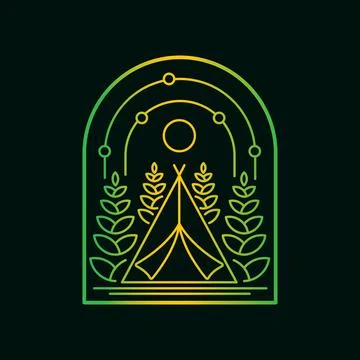 Vector illustration of camping tent and tree in mono line style Stock Illustration