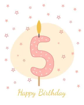 Vector illustration of a candle for a cake in the form of the number 5. Stock Illustration