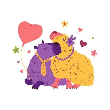 Vector illustration of capybaras in love on a background of flowers and hearts Stock Illustration