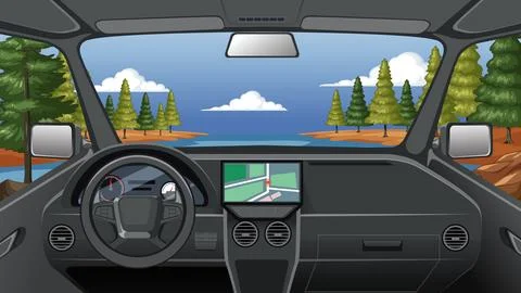 Vector Illustration of Car Interior Dashboard with Forest Road View 스톡 일러스트