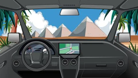 Vector Illustration of Car Interior Driving Toward Ancient Desert Pyramids Stock Illustration