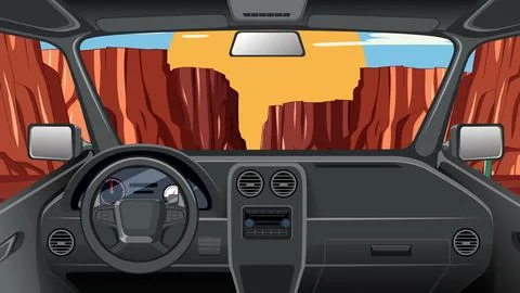 Vector Illustration of Car Interior Driving Through Desert Canyon at Sunset Stock Illustration