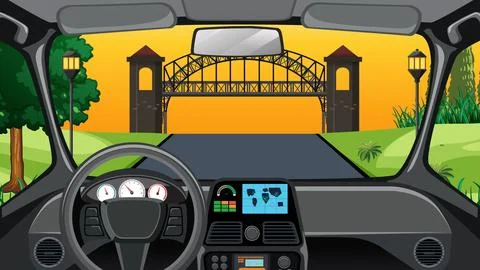 Vector Illustration of a Car Interior Driving Toward a Bridge Stock Illustration