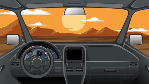 Vector Illustration of Car Interior Facing Desert Sunset Landscape Stock Illustration