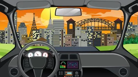 Vector Illustration of a Car Interior Facing a City Sunset Stock Illustration