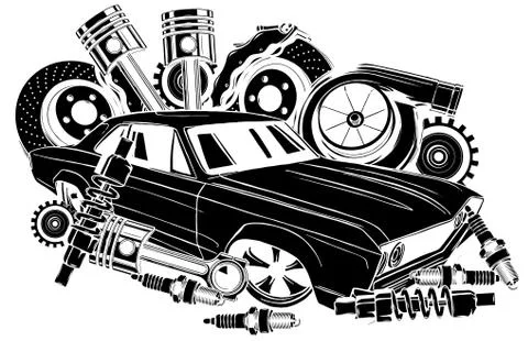Vector illustration of Car Spares Frame and parts black silhouette Stock Illustration
