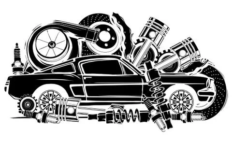 Vector illustration of Car Spares Frame and parts black silhouette Stock Illustration