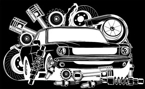 Vector illustration of Car Spares Frame and parts silhouette in black background Stock Illustration