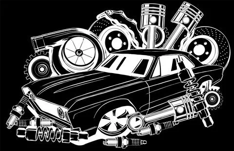 Vector illustration of Car Spares Frame and parts silhouette in black background Stock Illustration