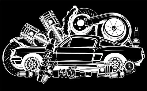 Vector illustration of Car Spares Frame and parts silhouette in black background Stock Illustration