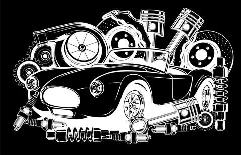 Vector illustration of Car Spares Frame and parts silhouette in black background Stock Illustration