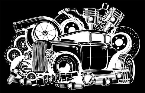 Vector illustration of Car Spares Frame and parts silhouette in black background Stock Illustration