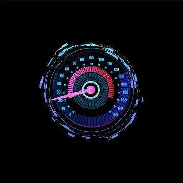 Vector illustration of car speedometer panel in neon blue and pink colors with Stock Illustration