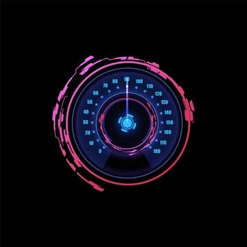 Vector illustration of car speedometer panel in neon blue and pink colors with Stock Illustration