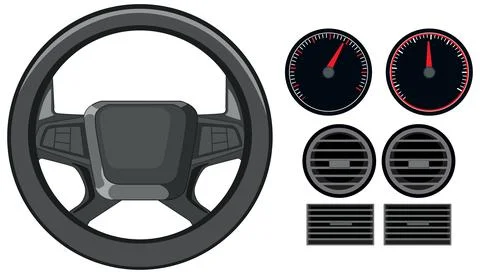 Vector Illustration of Car Steering Wheel and Dashboard Instrument Gauges Stock Illustration