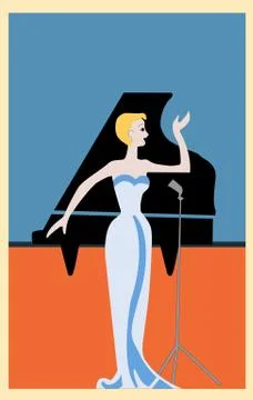 Vector illustration of a card which depicts a girl who sings, retro postcard Stock Illustration