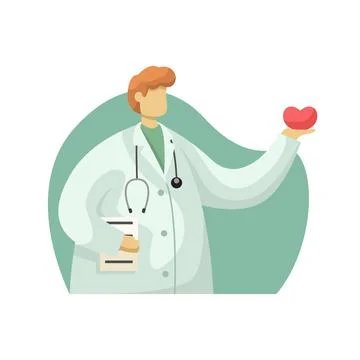 Vector illustration of a cardiologist in a white coat with a heart in his han Illustrazione stock