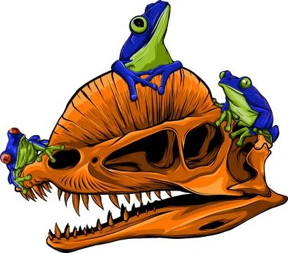 Vector illustration of Carnivore dinosars skulls with frog Stock Illustration