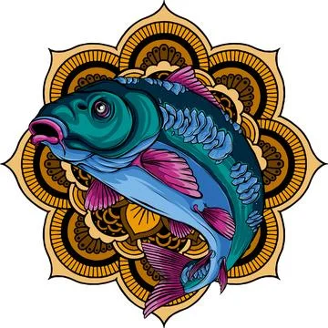 Vector illustration of carp fish on Mandala round pattern Stock Illustration