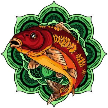 Vector illustration of carp fish on Mandala round pattern Stock Illustration