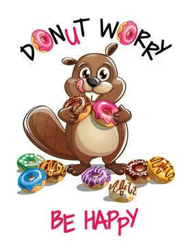 Vector illustration of cartoon beaver with donuts. Stock Illustration