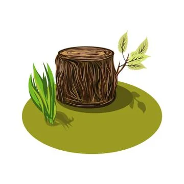 Vector Illustration of a cartoon big tree stump with bench, leaves and some b Stock Illustration