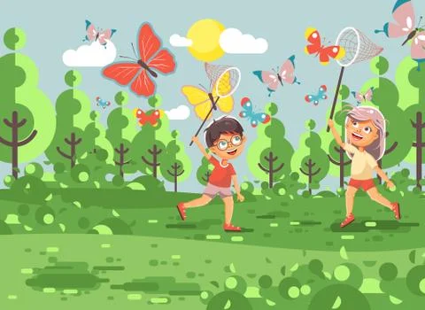 Vector illustration cartoon character two children, young naturalists, biologist Stock Illustration