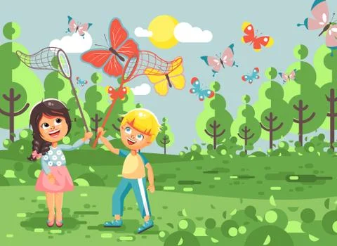 Vector illustration cartoon character two children, young naturalists, biologist Stock Illustration