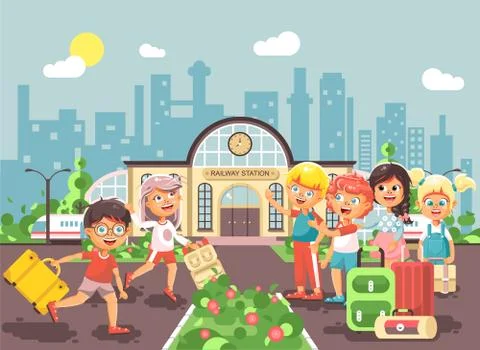 Vector illustration cartoon characters late boy and girl running to little Stock Illustration