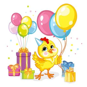 Vector illustration cartoon chicken with present and balloons Illustrazione stock