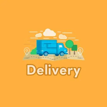 Vector illustration of cartoon delivery van with trees and clouds. Flat style Stock Illustration