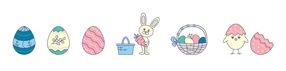 Vector illustration of cartoon Easter holiday icons n flat style on white Illustrazione stock
