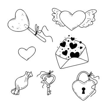 Vector illustration of cartoon elements for Valentines day in doodle style Stock Illustration