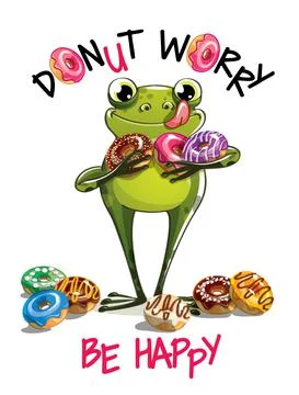 Vector illustration of cartoon frog with donuts. Stock Illustration