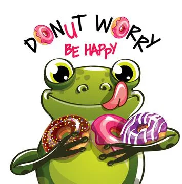 Vector illustration of cartoon frog with donuts. Stock Illustration
