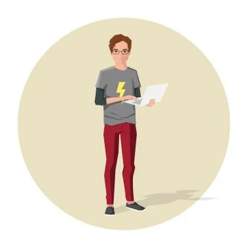 Vector illustration of cartoon guy or nerd with notebook in his hands Stock Illustration
