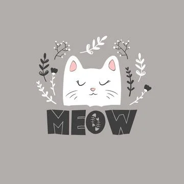 Vector illustration with cartoon hand drawn cat face, lettering meow, flowe.. Stock Illustration